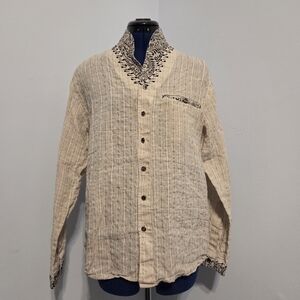 Tan Linen Beaded Button Down Shirt Size XL